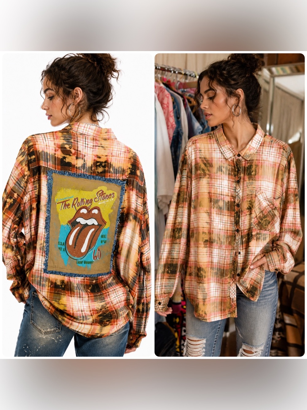 the Rolling Stones Plaid Button-Down Shirt in Pink, Brown & Yellow Patch Ptp 31